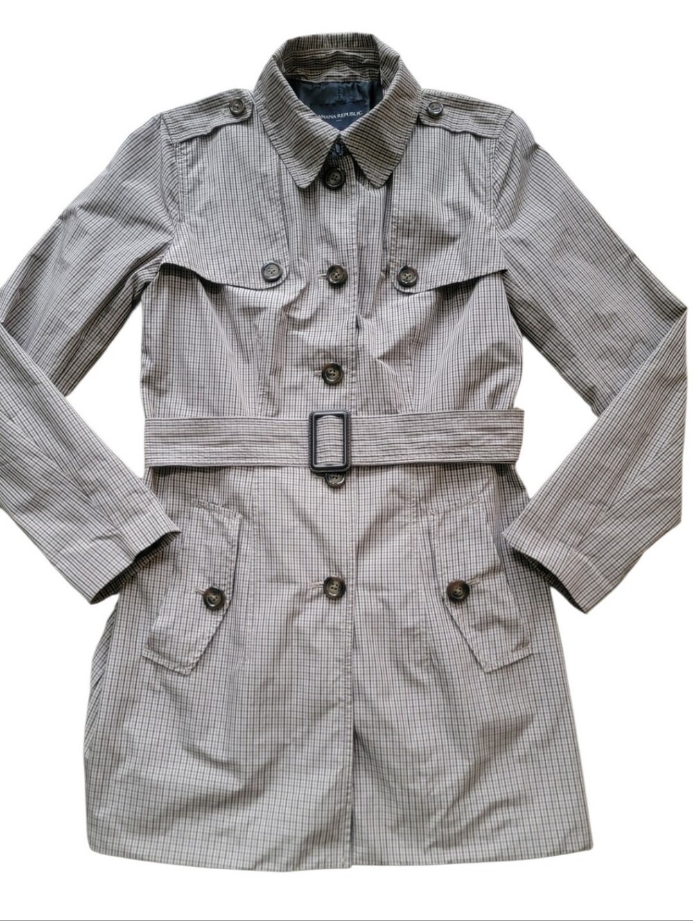 Banana Republic Women's XS Gray Tan Plaid Double Breasted Belted Trench Coat